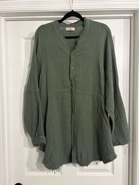 Natural Life Cotton Gauze Raw Hem Tunic with Pockets Green Size XL